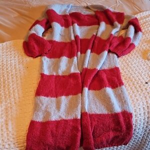 Red and Gray Striped Long Cozy Cardigan Large